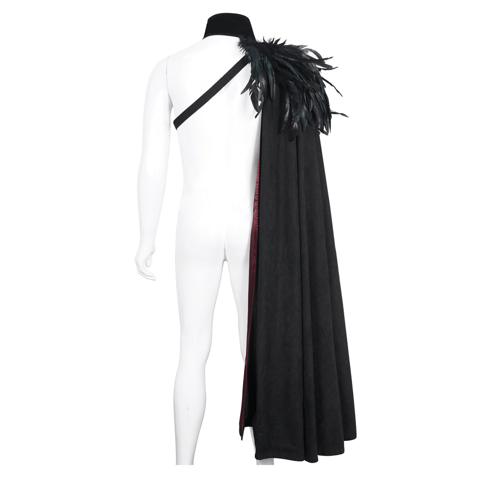 Single-strap black asymmetric cape with feather accents, perfect for evening glam and stylish entrances.