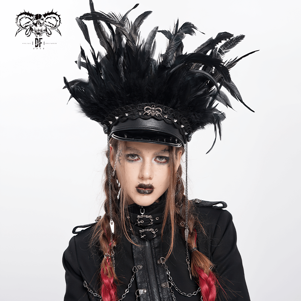Gothic leather cap with feather embellishments and chains, perfect for alternative fashion enthusiasts.