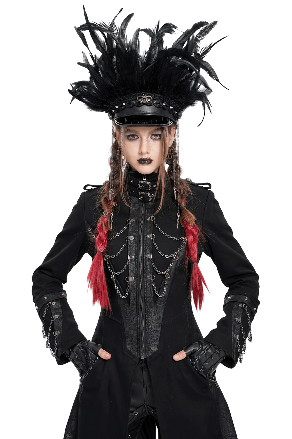 Gothic leather cap adorned with feathers, lace, and chains, worn by a model in a bold outfit.