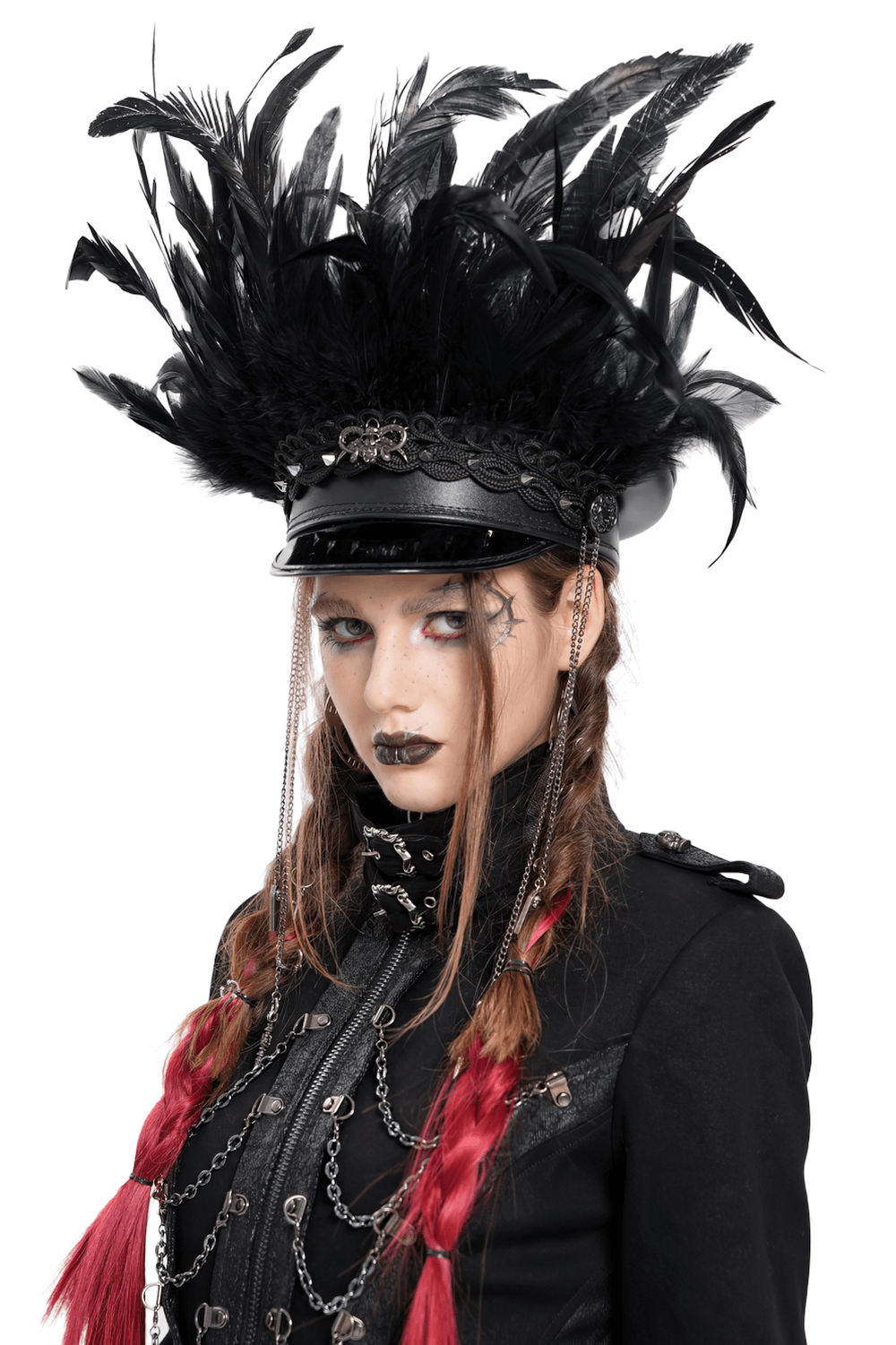 Gothic leather cap adorned with bold feathers, lace, and chains, embodying punk and alternative fashion.