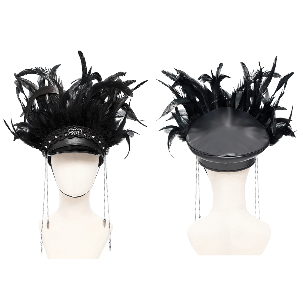 Gothic leather cap with lace details, chains, and dramatic black feathers for alternative fashion.
