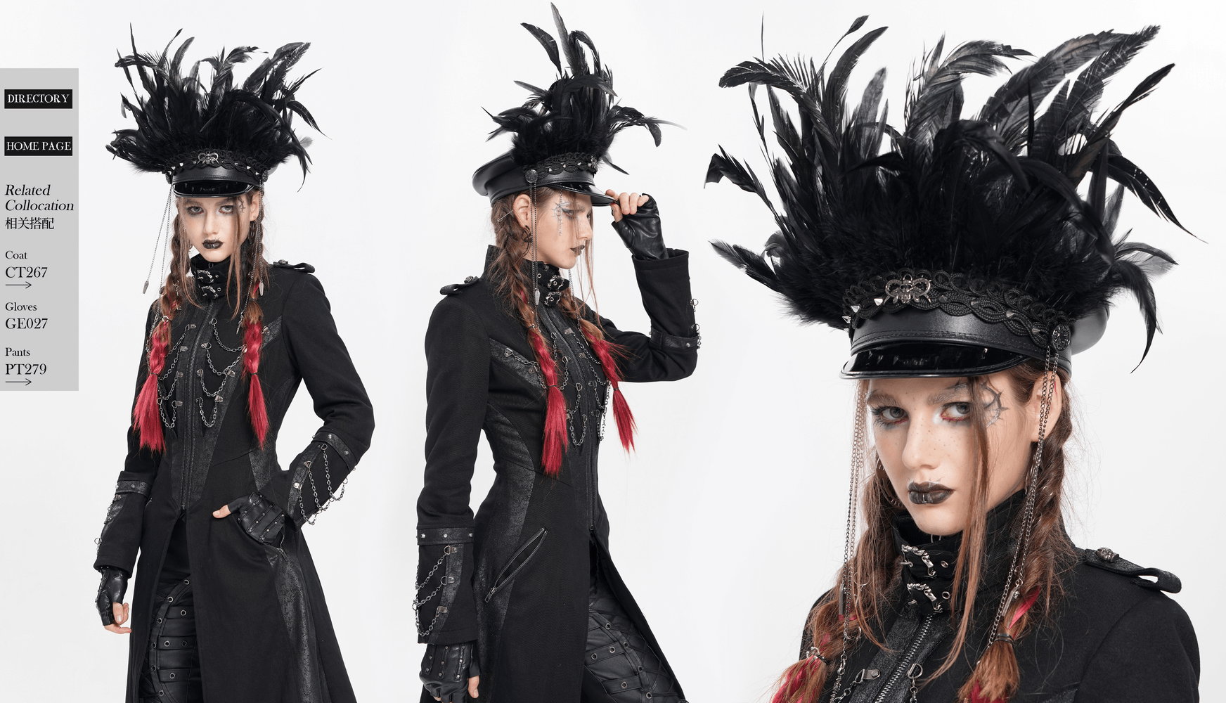 Gothic leather cap with feathers and chains, styled with a dramatic black outfit, perfect for alternative fashion.