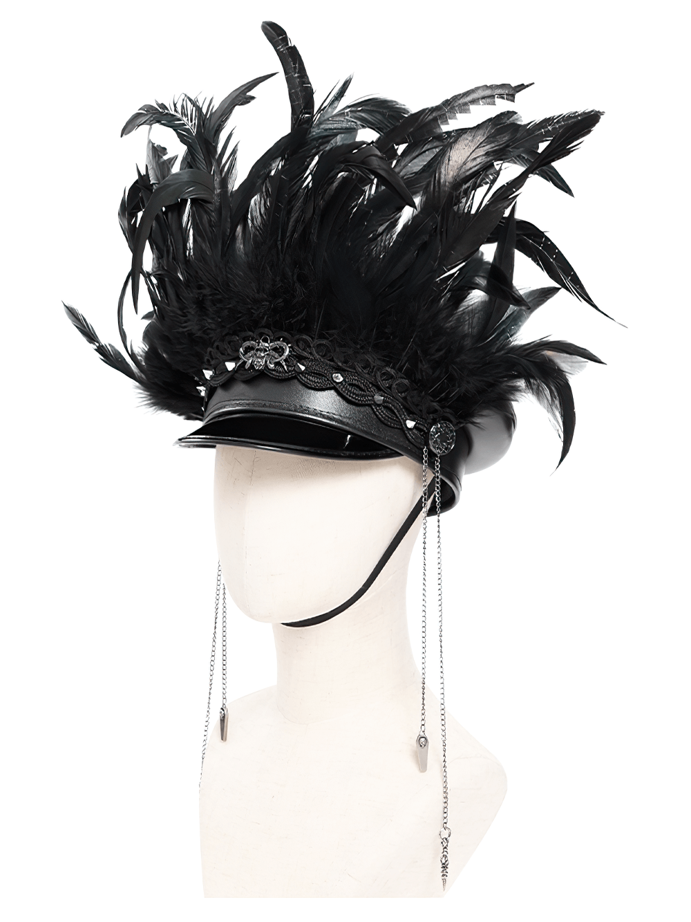 Gothic leather cap with bold feathers, lace, and chains for punk fashion lovers.