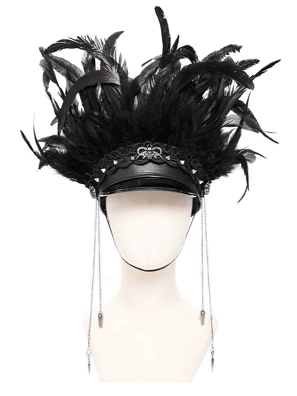Gothic black leather cap with bold feather embellishments, lace details, and edgy chains.