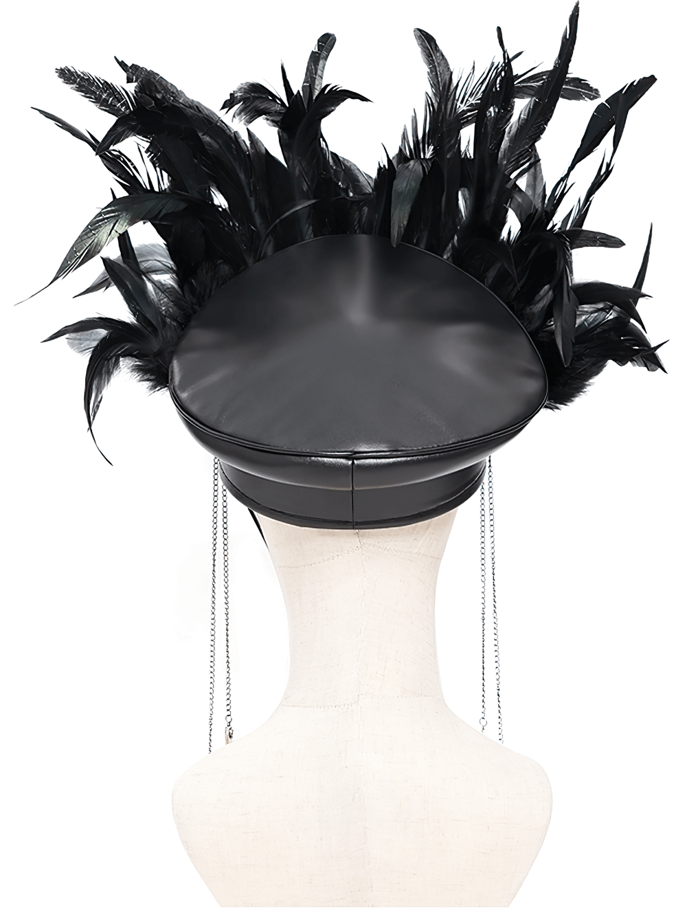Gothic feathered leather cap with lace and chains, showcasing a dramatic back view.