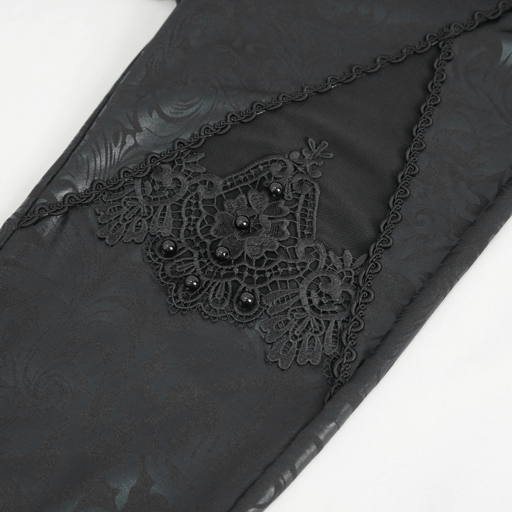 Female Black Embroidered Splice Leggings / Gothic Decorated Beads Pants with intricate lace and bead details.