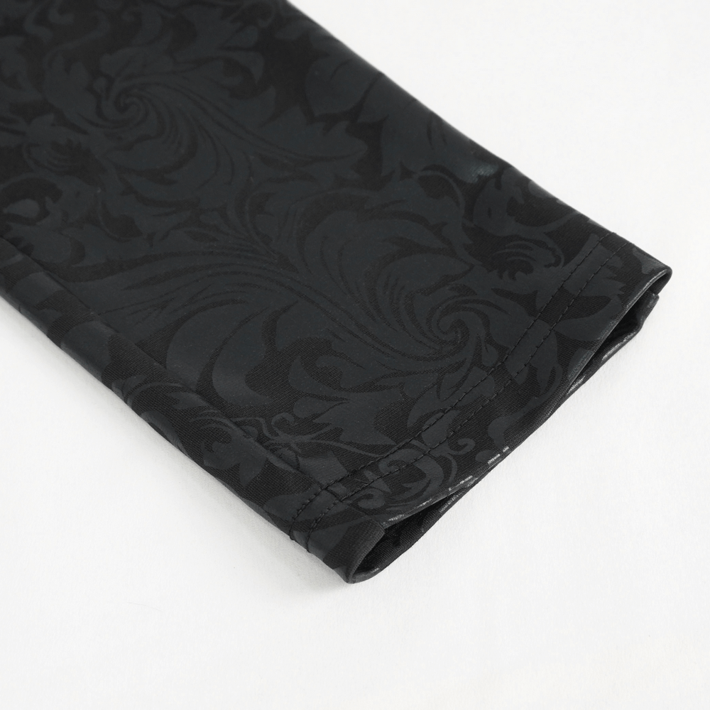 Female Black Embroidered Splice Leggings / Gothic Decorated Beads Pants close-up showing elegant black fabric details.