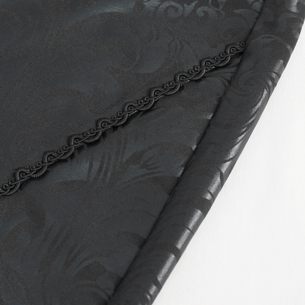 Female Black Embroidered Splice Leggings / Gothic Decorated Beads Pants fabric close-up showcasing intricate design.