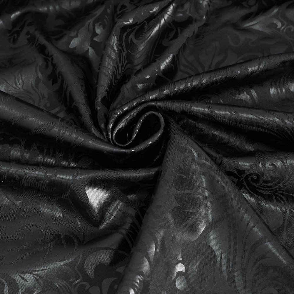 Female Black Embroidered Splice Leggings / Gothic Decorated Beads Pants fabric showcasing intricate black floral pattern.