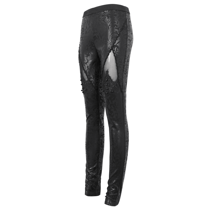 Gothic black embroidered splice leggings with bead decorations and unique cutouts, perfect for alternative fashion.