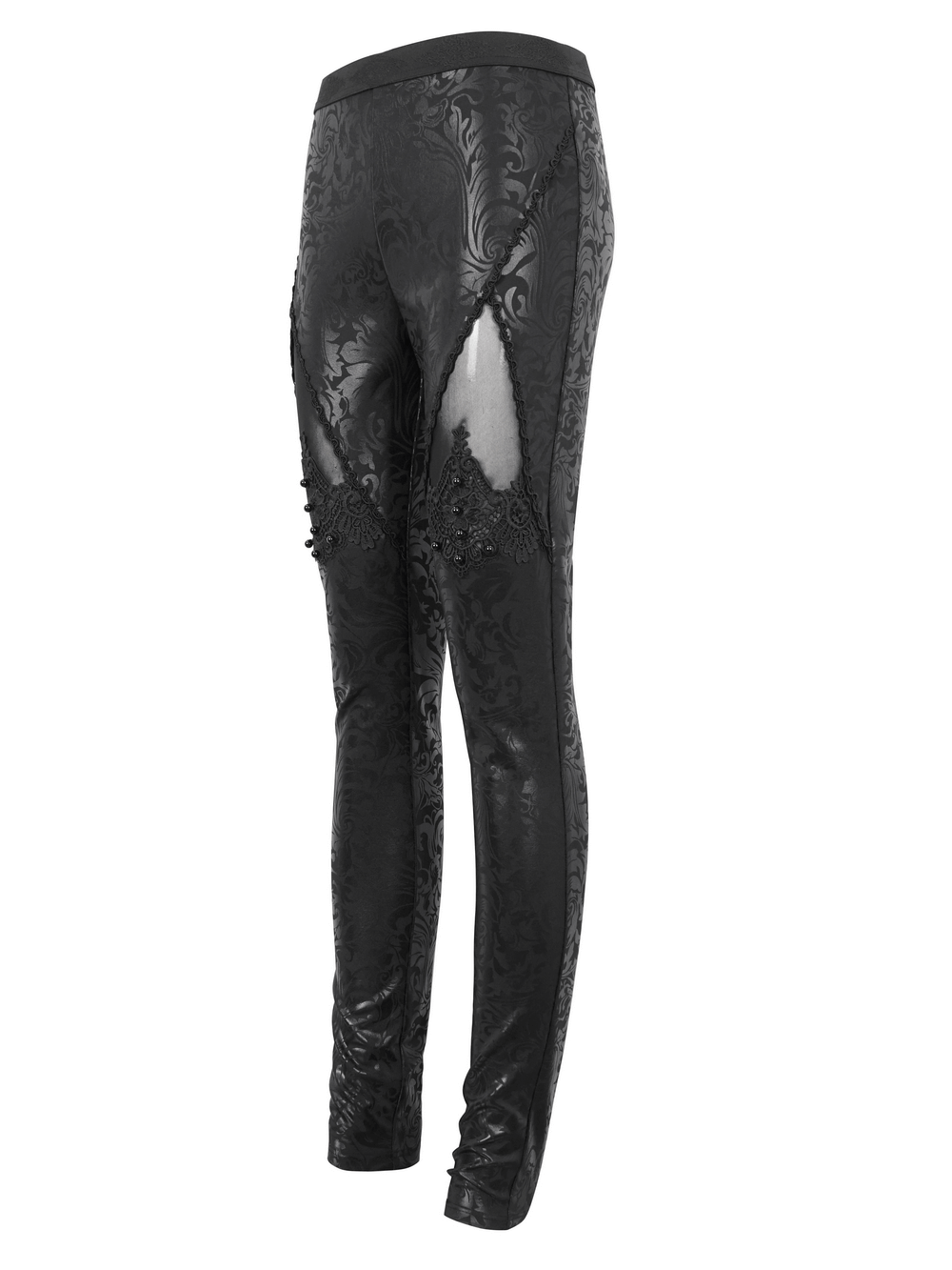 Female Black Embroidered Splice Leggings / Gothic Decorated Beads Pants showcasing intricate designs and bead decoration.