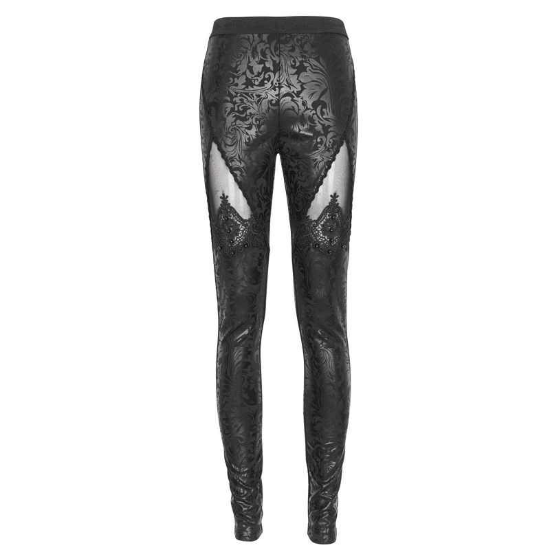 Gothic embroidered black leggings with intricate splice design and bead details, perfect for alternative style enthusiasts.