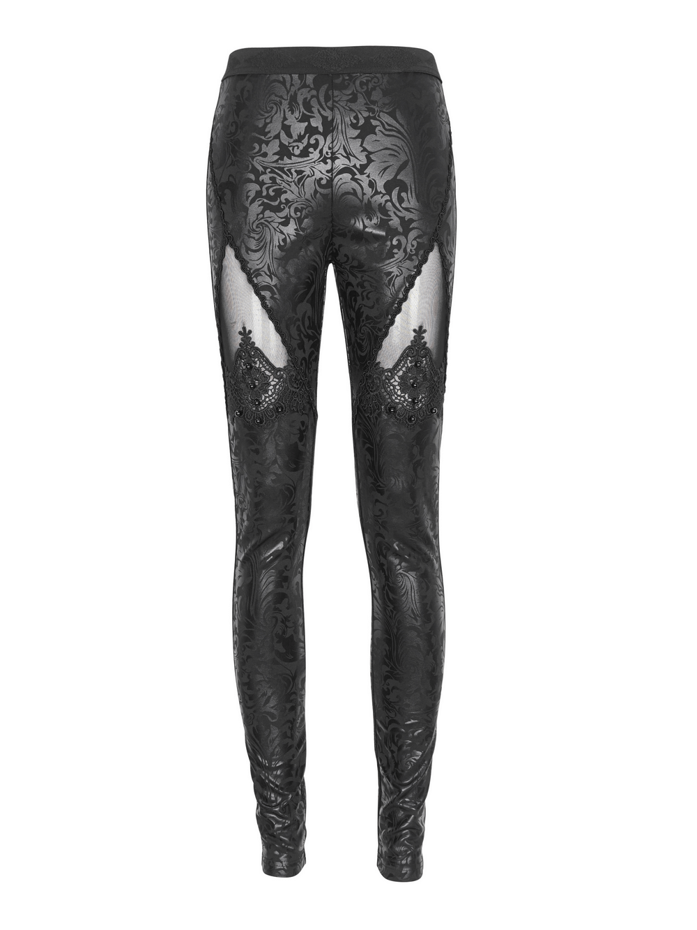 Female Black Embroidered Splice Leggings / Gothic Decorated Beads Pants displaying intricate lace and bead designs.