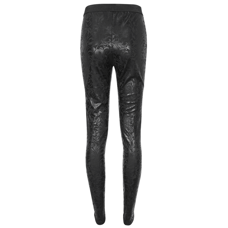 Gothic black leggings with intricate embroidery and splice design, perfect for alternative fashion enthusiasts.
