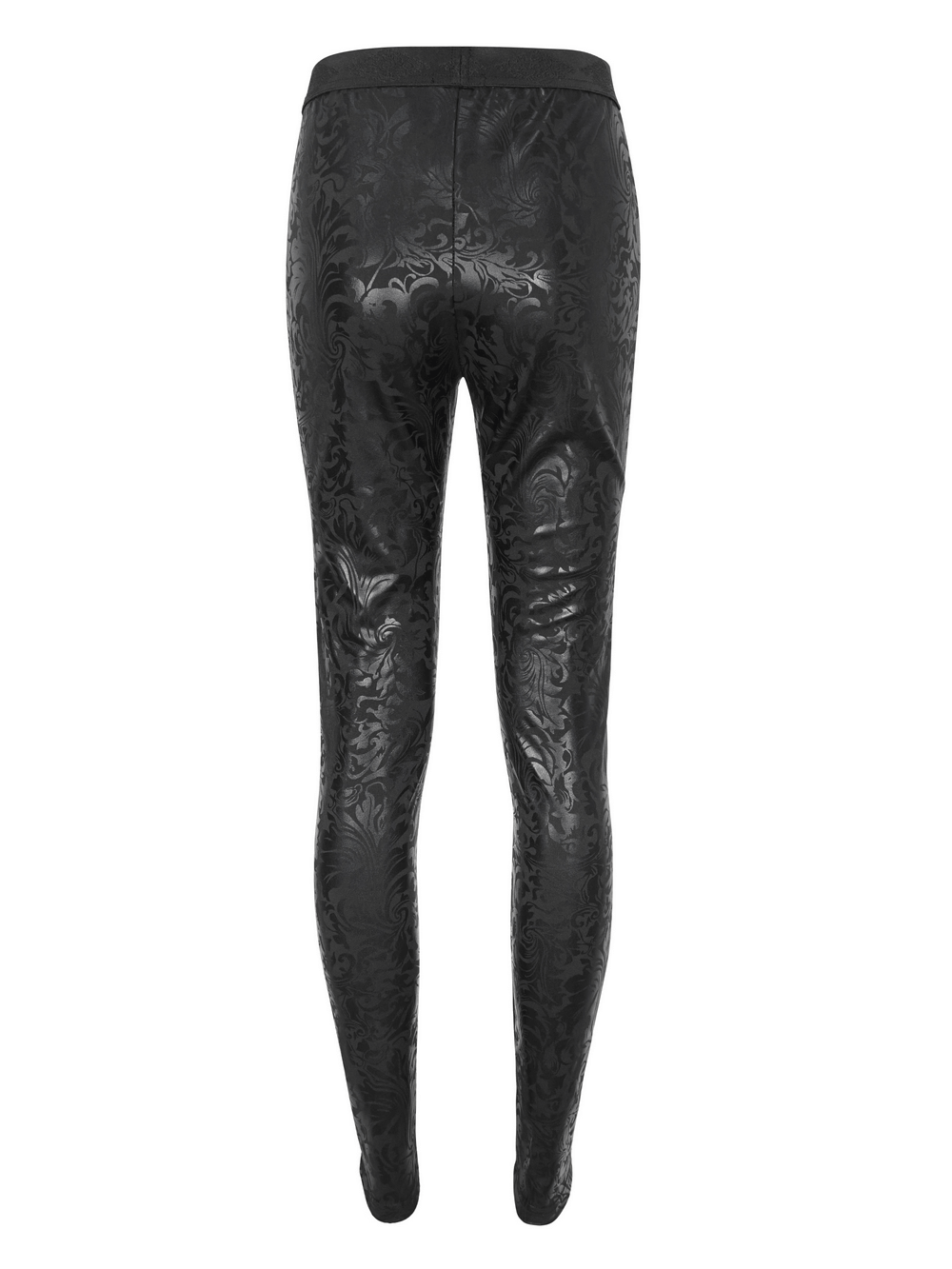 Female Black Embroidered Splice Leggings / Gothic Decorated Beads Pants with intricate patterns on the back.