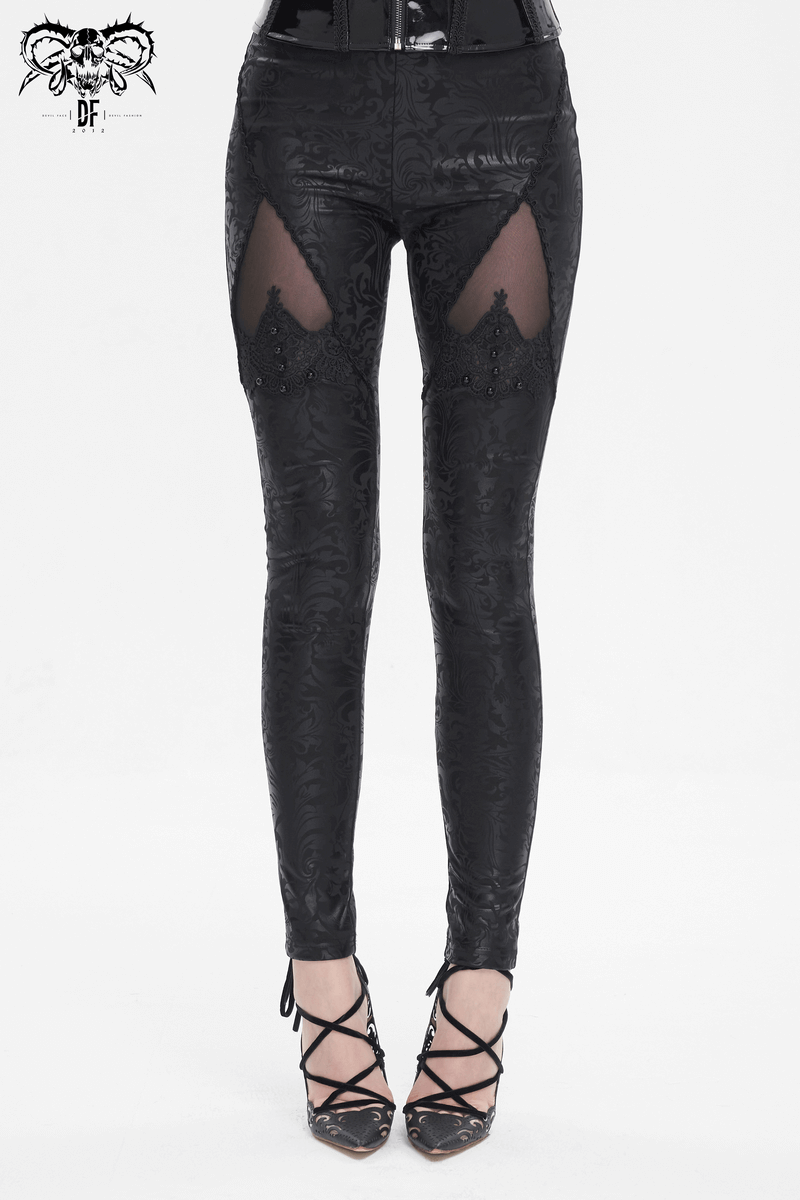 Female Black Embroidered Splice Leggings / Gothic Decorated Beads Pants - HARD'N'HEAVY