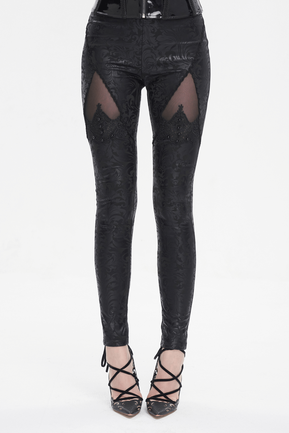 Female Black Embroidered Splice Leggings / Gothic Decorated Beads Pants featuring intricate bead details and unique splice designs.