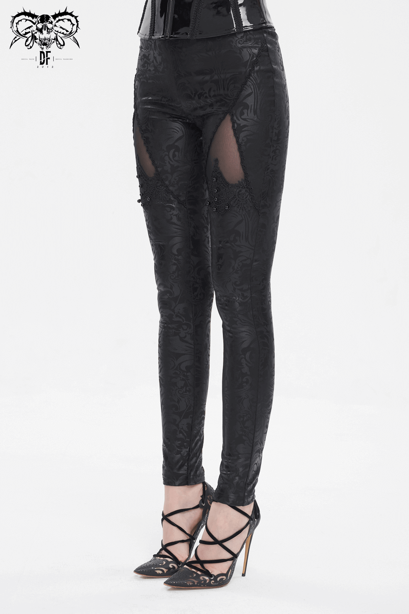 Gothic black embroidered splice leggings with bead details, perfect for alternative fashion lovers.