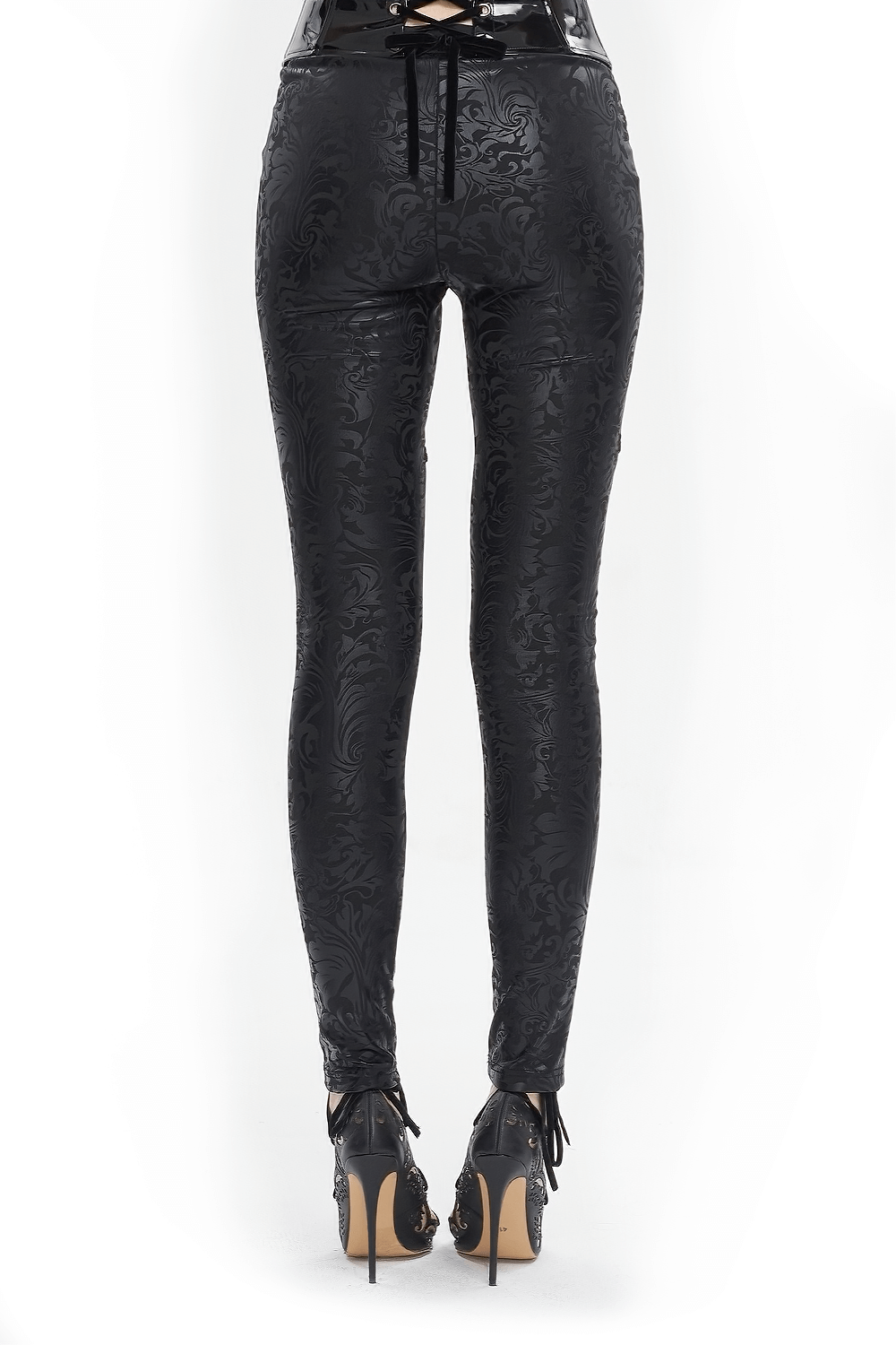 Female Black Embroidered Splice Leggings / Gothic Decorated Beads Pants showing back view with intricate designs.