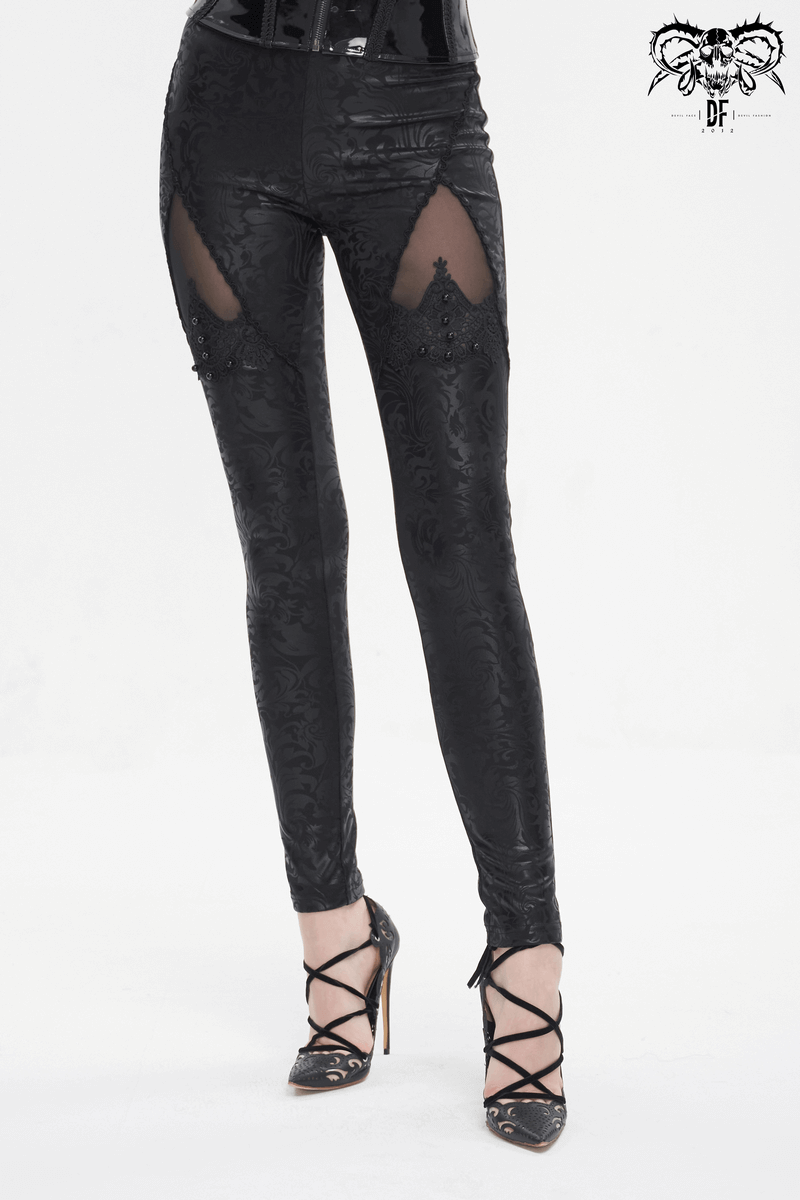 Gothic black embroidered splice leggings with bead details and sheer panels, perfect for alternative fashion enthusiasts.