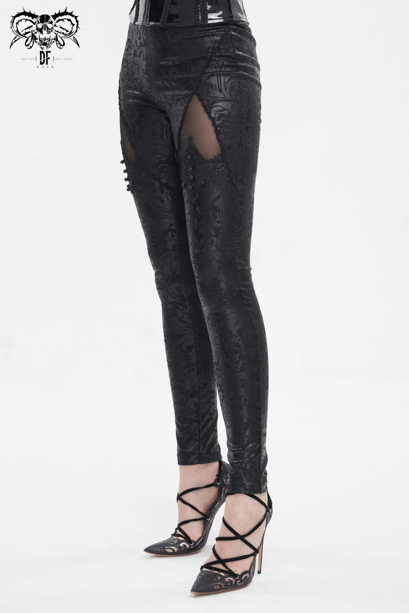 Black embroidered splice leggings with gothic bead decor, perfect for alternative fashion enthusiasts.