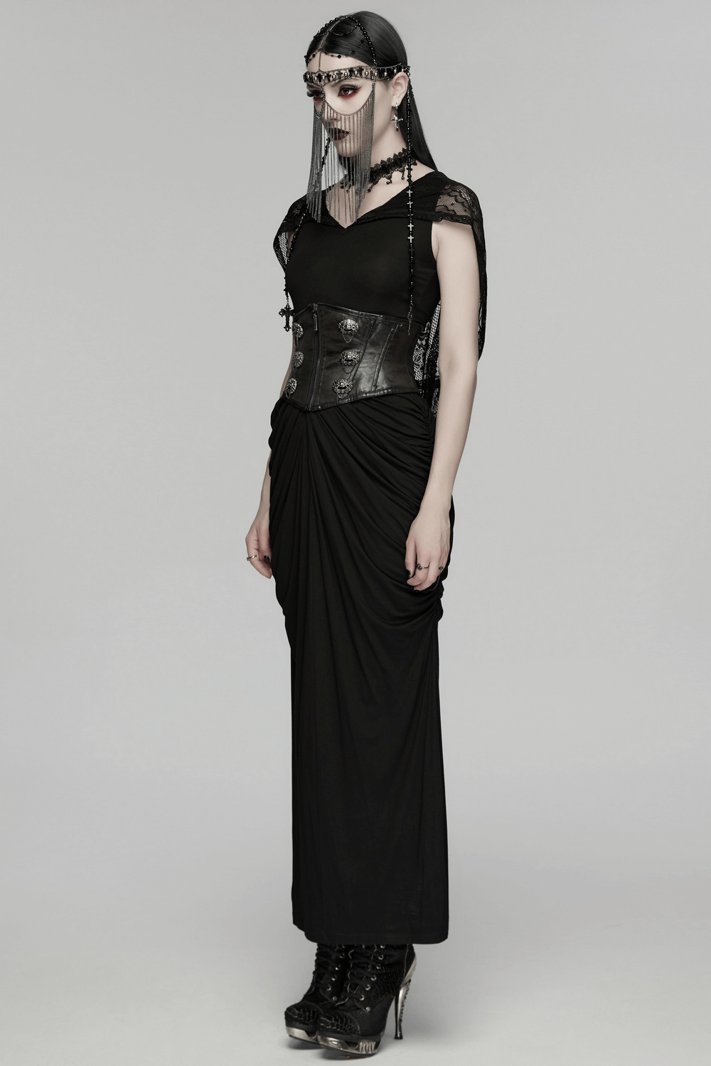 Female Black Gothic Corset Belt with Metal Details worn by a model showcasing a stylish dark look.