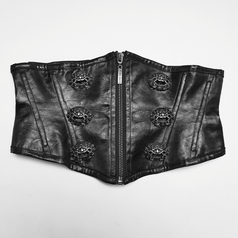 Female Black Gothic Corset Belt with Metal Details featuring intricate metal embellishments.