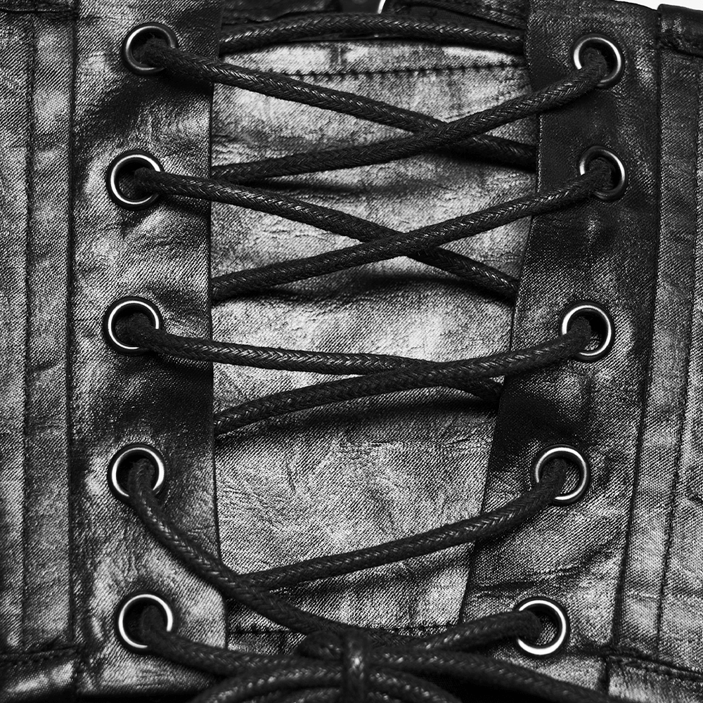 Close-up of a Female Black Gothic Corset Belt with Metal Details, showcasing intricate lace-up design.