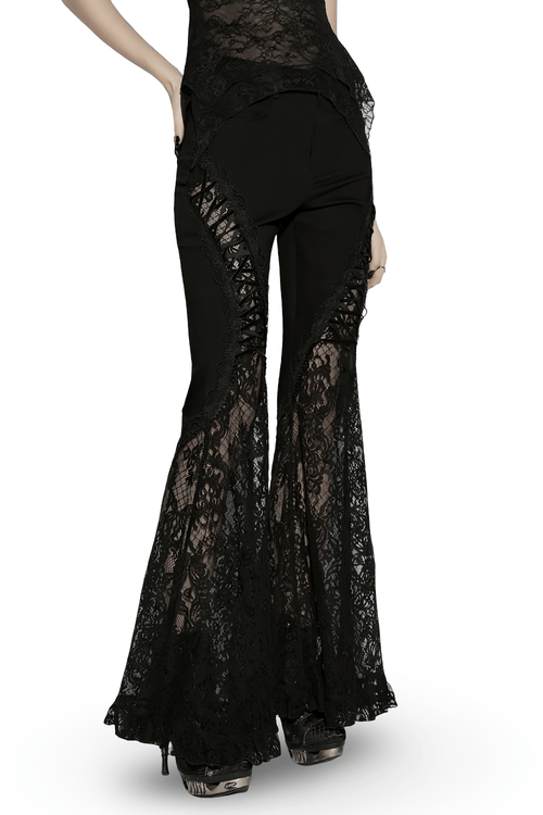 Female Black Gothic Lace Panel Flared Denim Pants