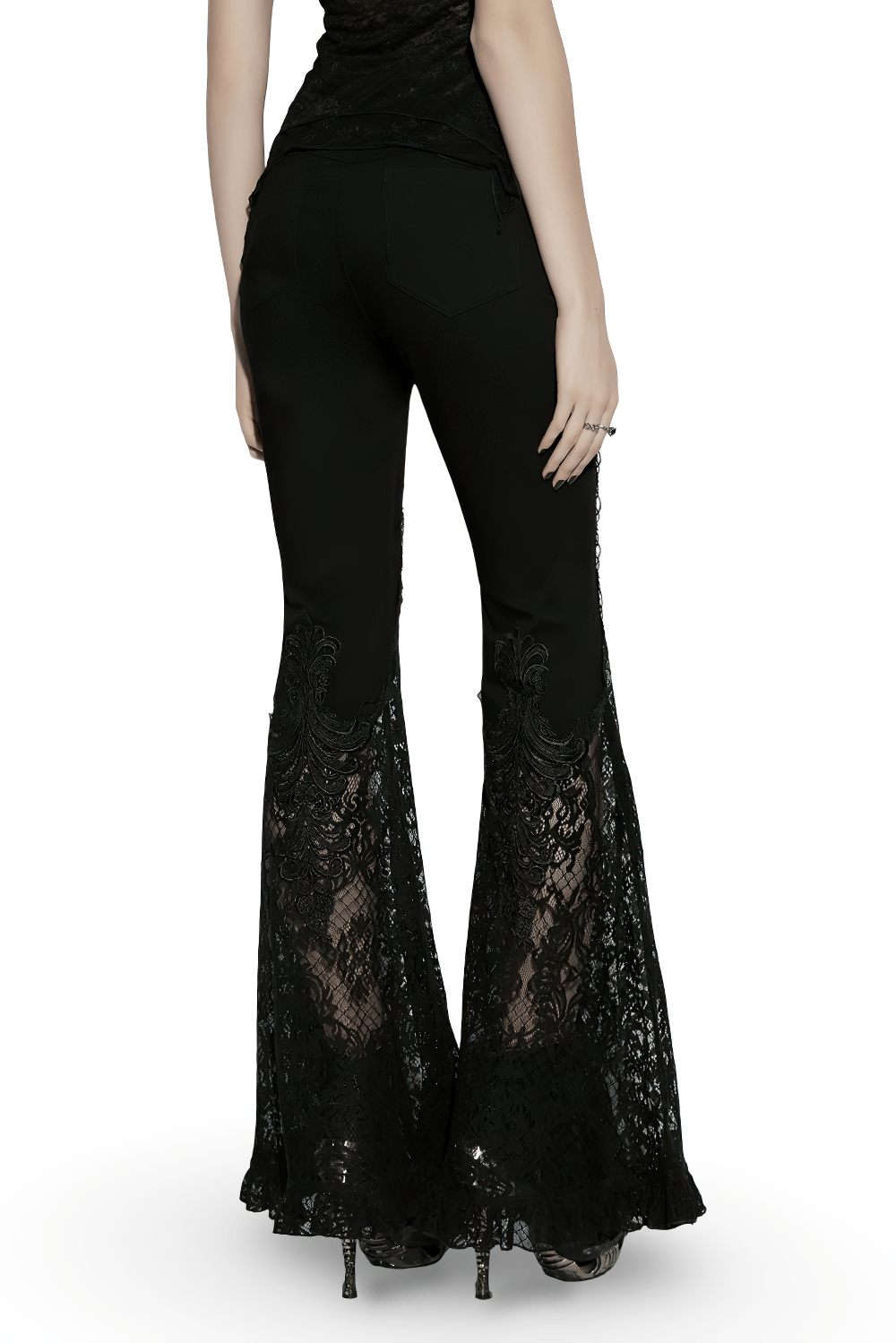 Female Black Gothic Lace Panel Flared Denim Pants viewed from the back showcasing sheer lace bell bottoms.