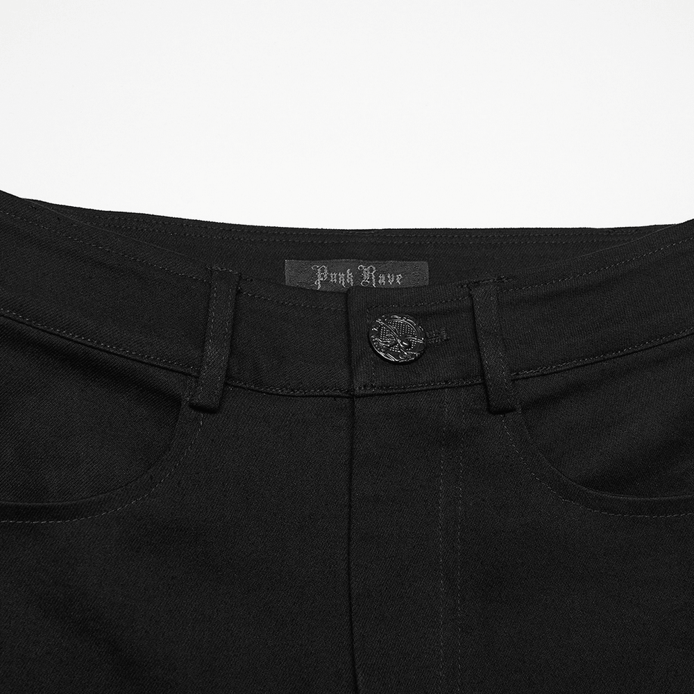 Female Black Gothic Lace Panel Flared Denim Pants close-up of waistband and button detail.