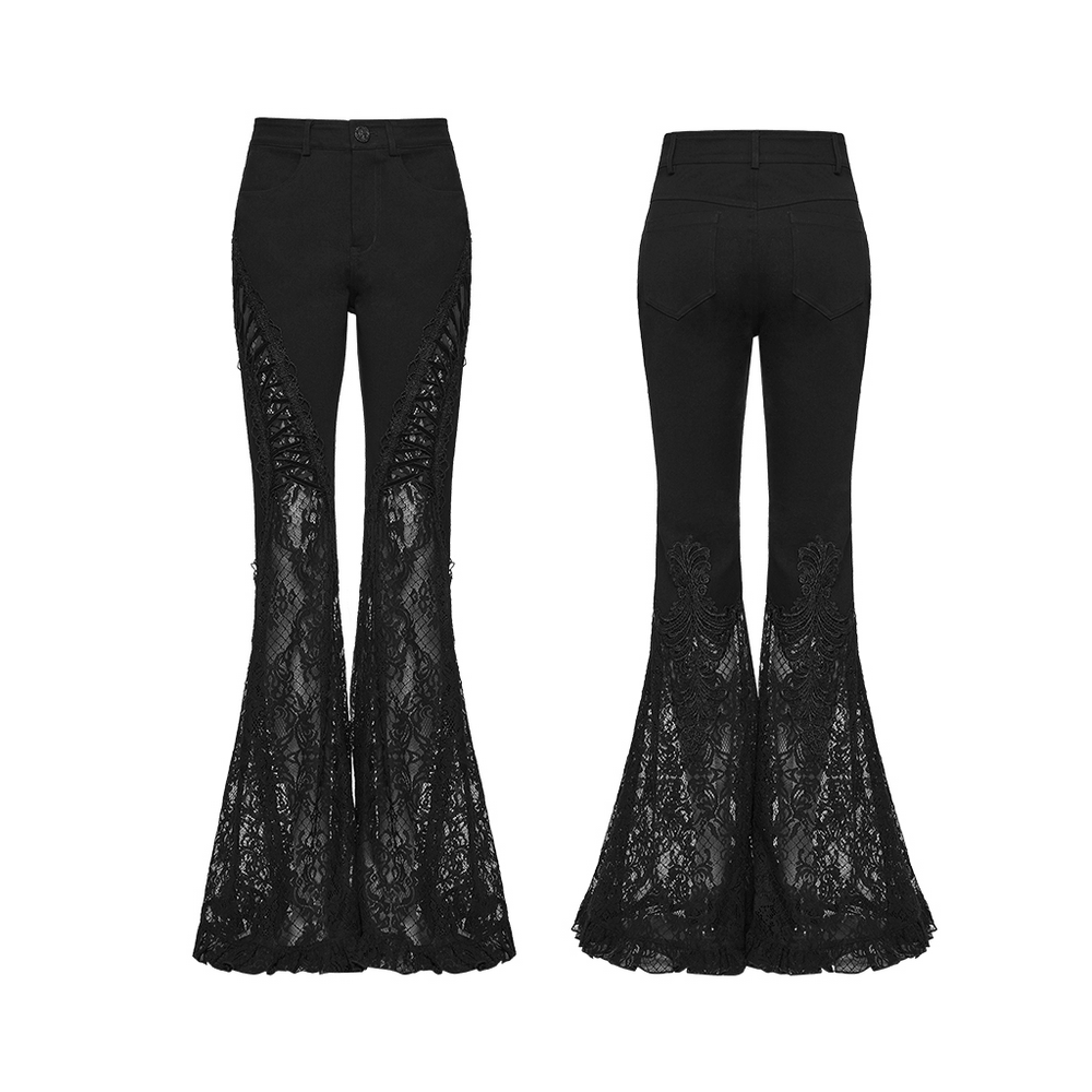 Female Black Gothic Lace Panel Flared Denim Pants with dramatic lace detail and flared bell bottoms.