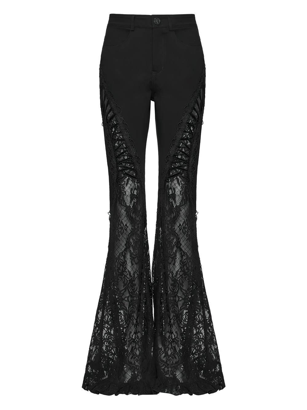 Female Black Gothic Lace Panel Flared Denim Pants showcasing dramatic lace panels and corset lacing for a gothic style.