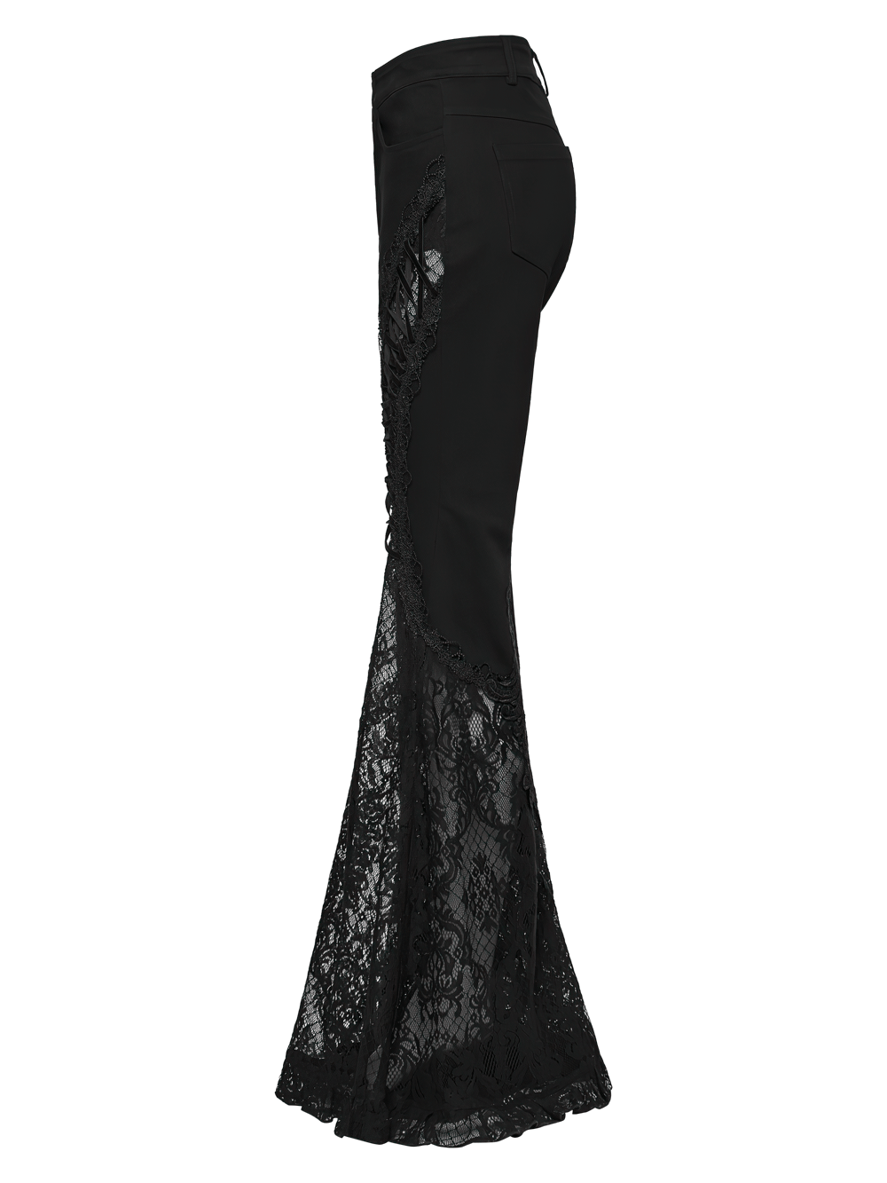 Female Black Gothic Lace Panel Flared Denim Pants showcasing intricate lace detailing on a dramatic silhouette.