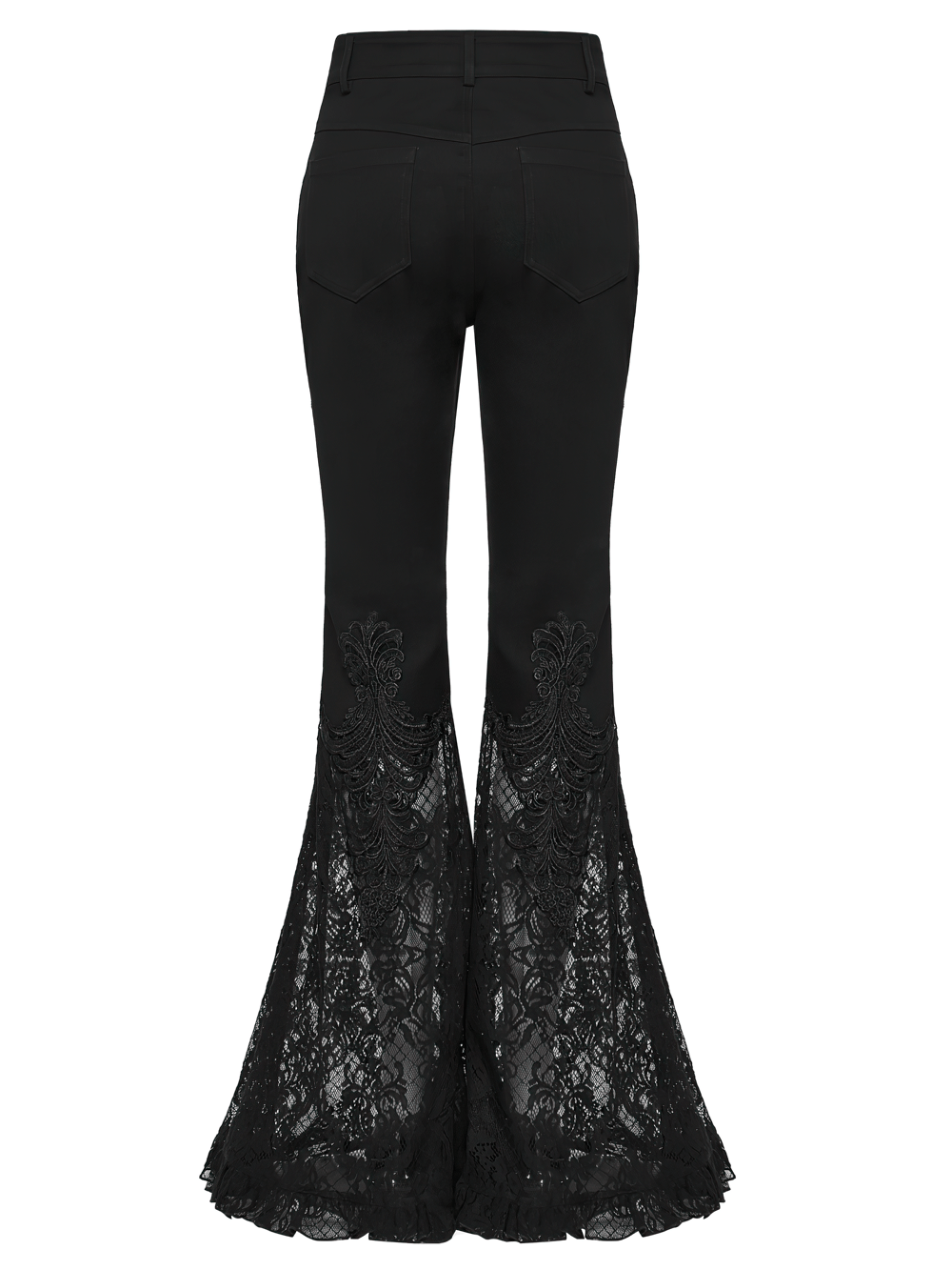 Female Black Gothic Lace Panel Flared Denim Pants with intricate lace detailing and flared bell bottoms.