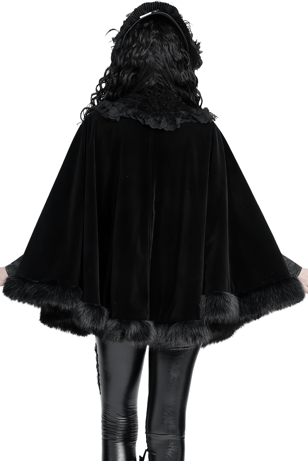 Female Black Gothic Victorian Velvet Cape with Fur Trim, romantic Lolita cloak with lace collar and silver clasps