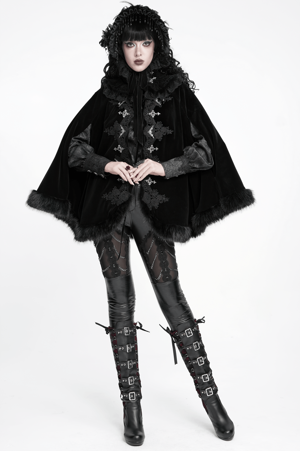 Female Black Gothic Victorian Velvet Cape with Fur Trim, romantic Lolita lace collar cloak with floral lace and faux fur edging