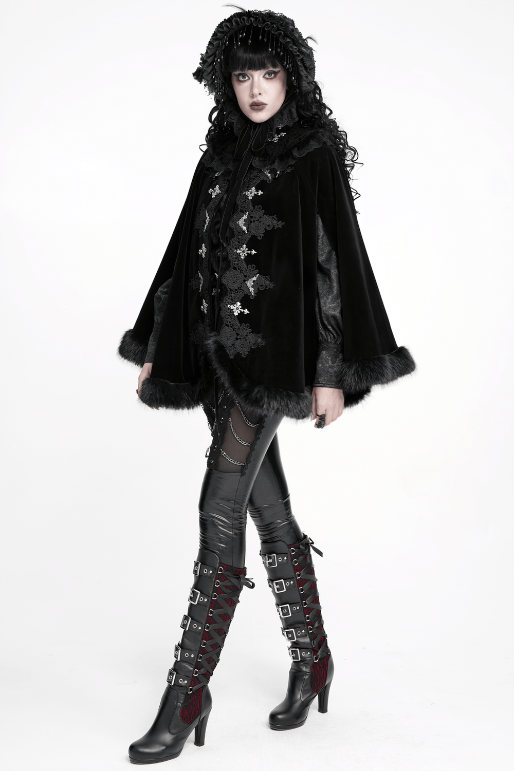 Female Black Gothic Victorian Velvet Cape with Fur Trim, romantic Lolita lace collar and fur-edged hem for dramatic elegance