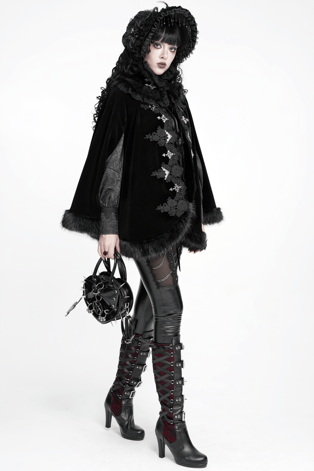Female Black Gothic Victorian Velvet Cape with Fur Trim, romantic Lolita cloak with lace collar and silver clasps