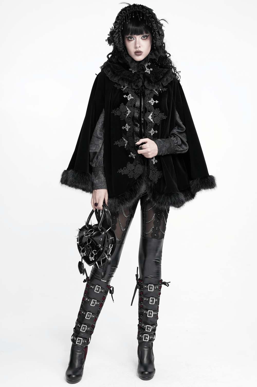 Female Black Gothic Victorian Velvet Cape with Fur Trim, romantic Lolita lace collar cloak with floral appliqués and fur edging