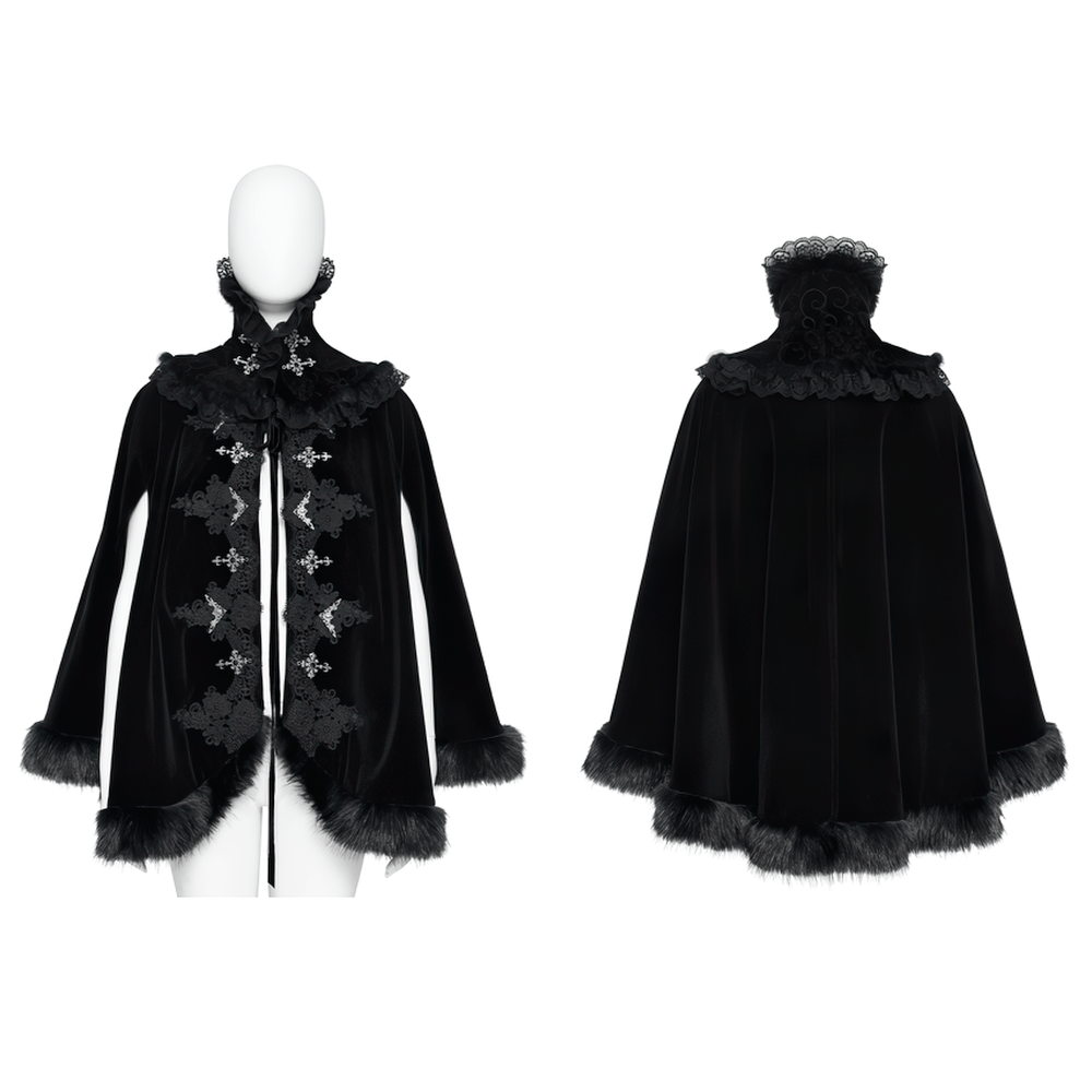 Female Black Gothic Victorian Velvet Cape with Fur Trim, lace collar and silver clasps