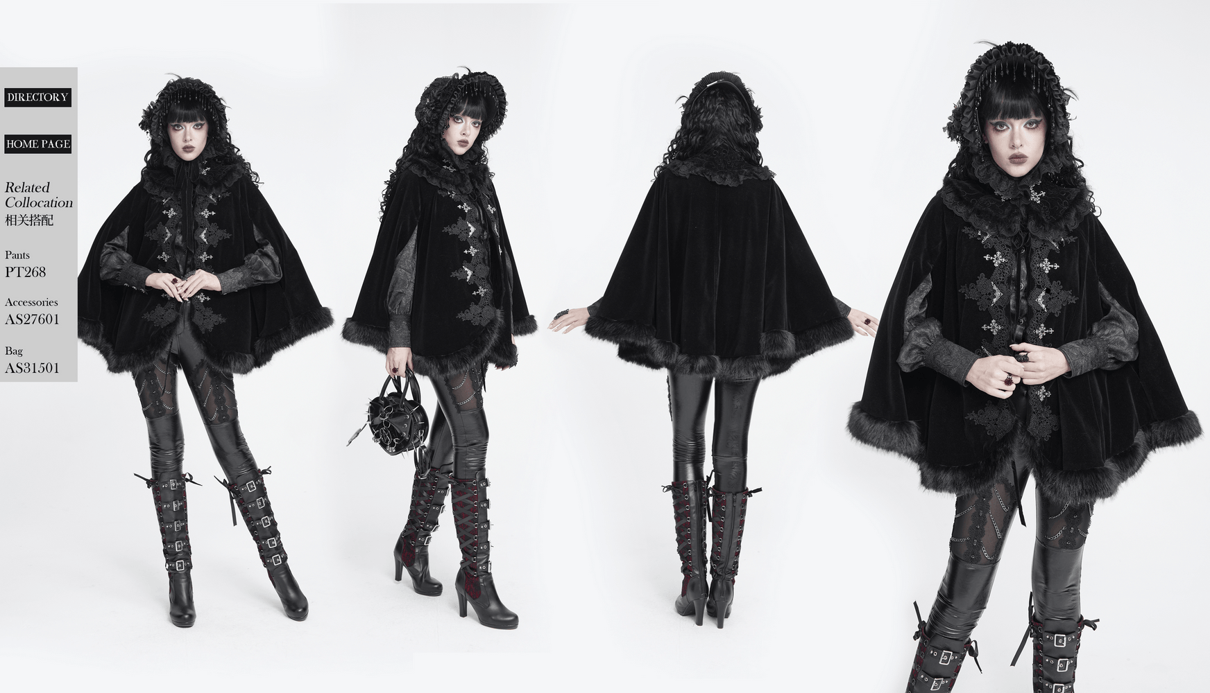 Female Black Gothic Victorian Velvet Cape with Fur Trim, romantic Lolita lace collar cloak with floral appliqués and silver clasps