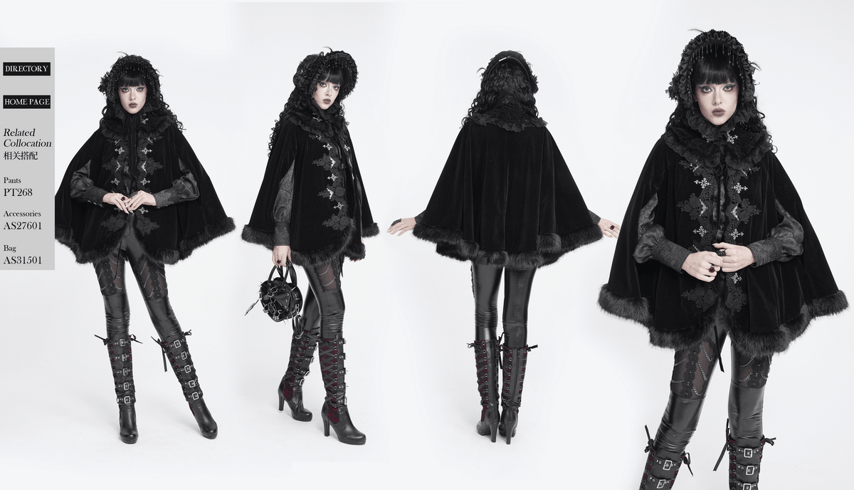 Female Black Gothic Victorian Velvet Cape with Fur Trim, romantic Lolita lace collar cloak with floral appliqués and silver clasps