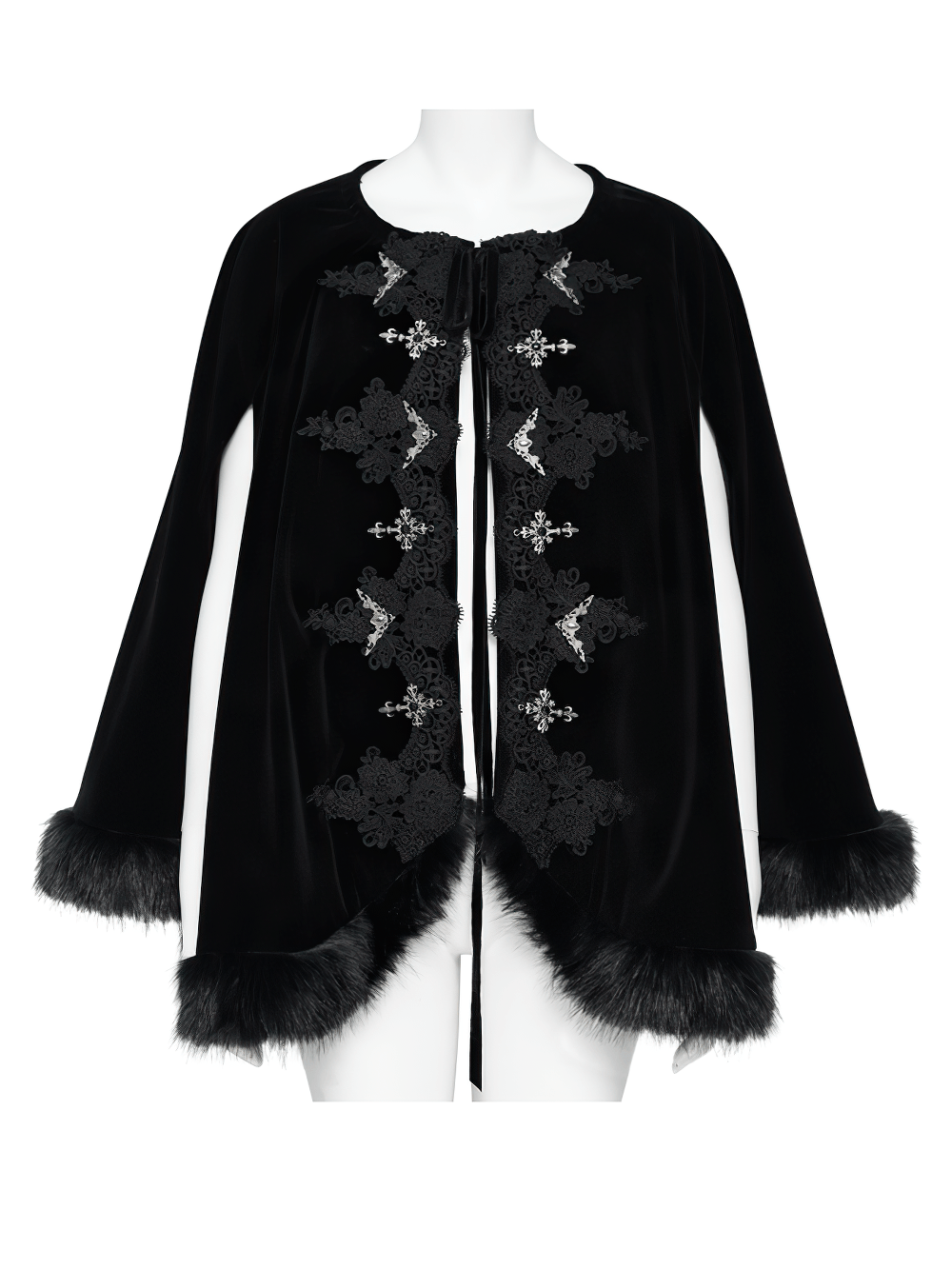 Female Black Gothic Victorian Velvet Cape with Fur Trim, lace appliqués, silver clasps and dramatic fur-edged hem