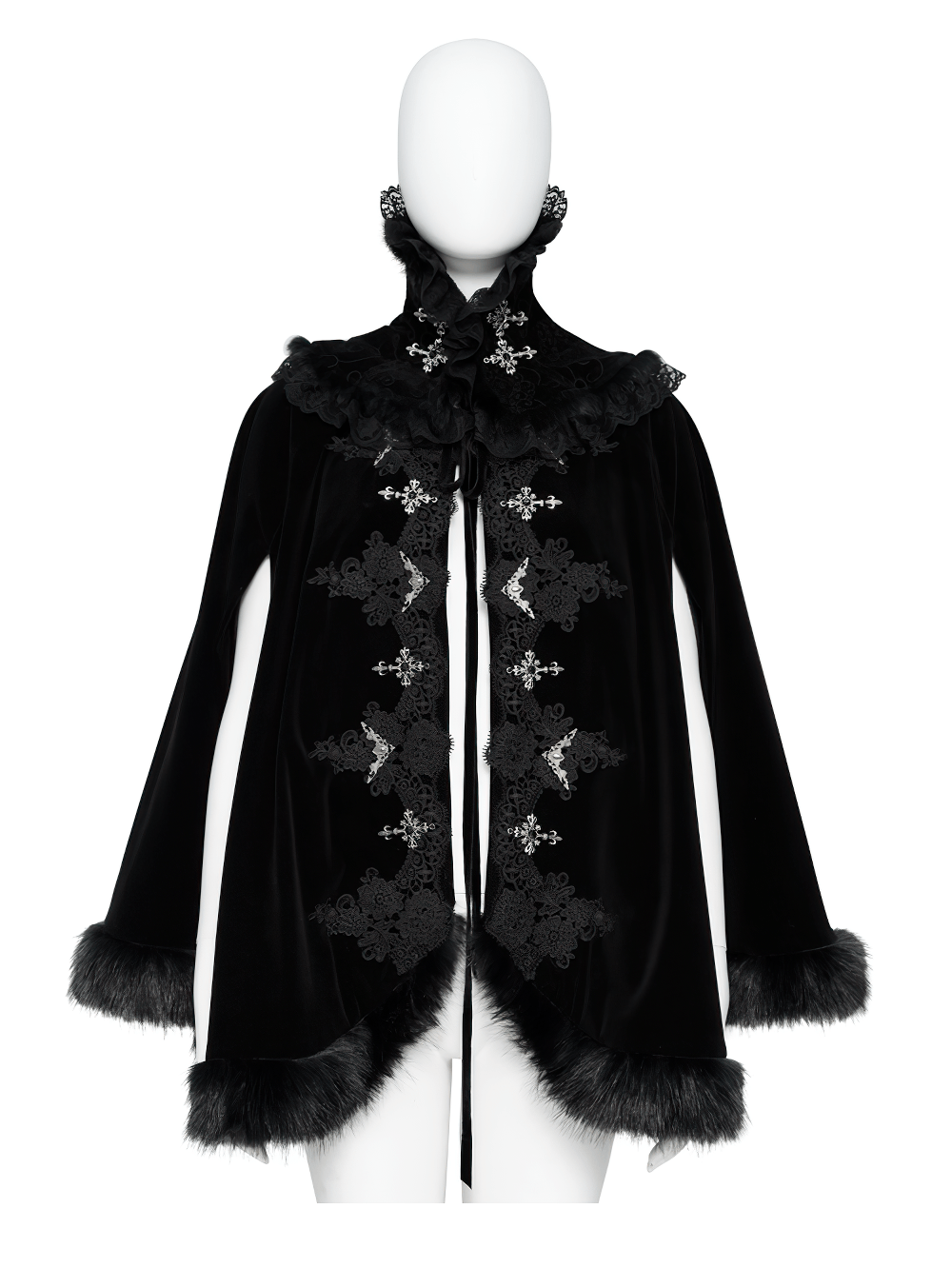 Female Black Gothic Victorian Velvet Cape with Fur Trim, lace collar and silver clasps, romantic Lolita cloak