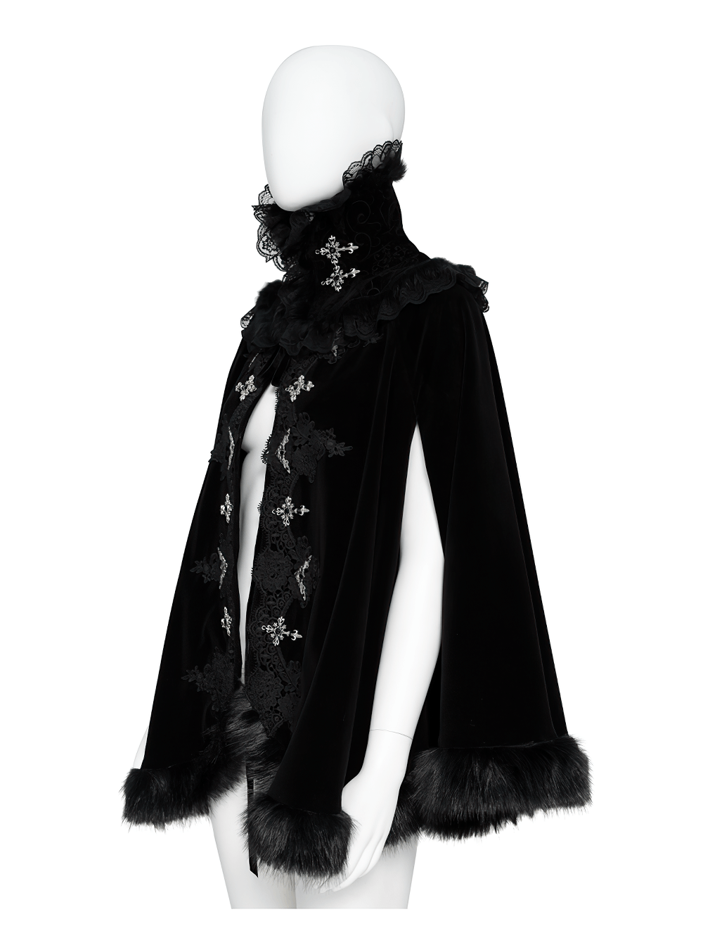 Female Black Gothic Victorian Velvet Cape with Fur Trim, romantic Lolita lace collar cloak with silver clasps