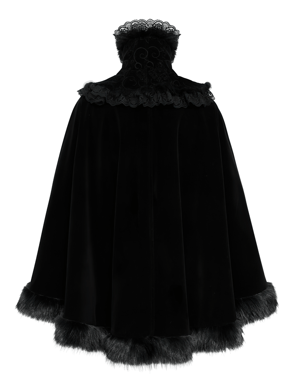 Female Black Gothic Victorian Velvet Cape with Fur Trim, lace collar and dramatic fur-trimmed hem