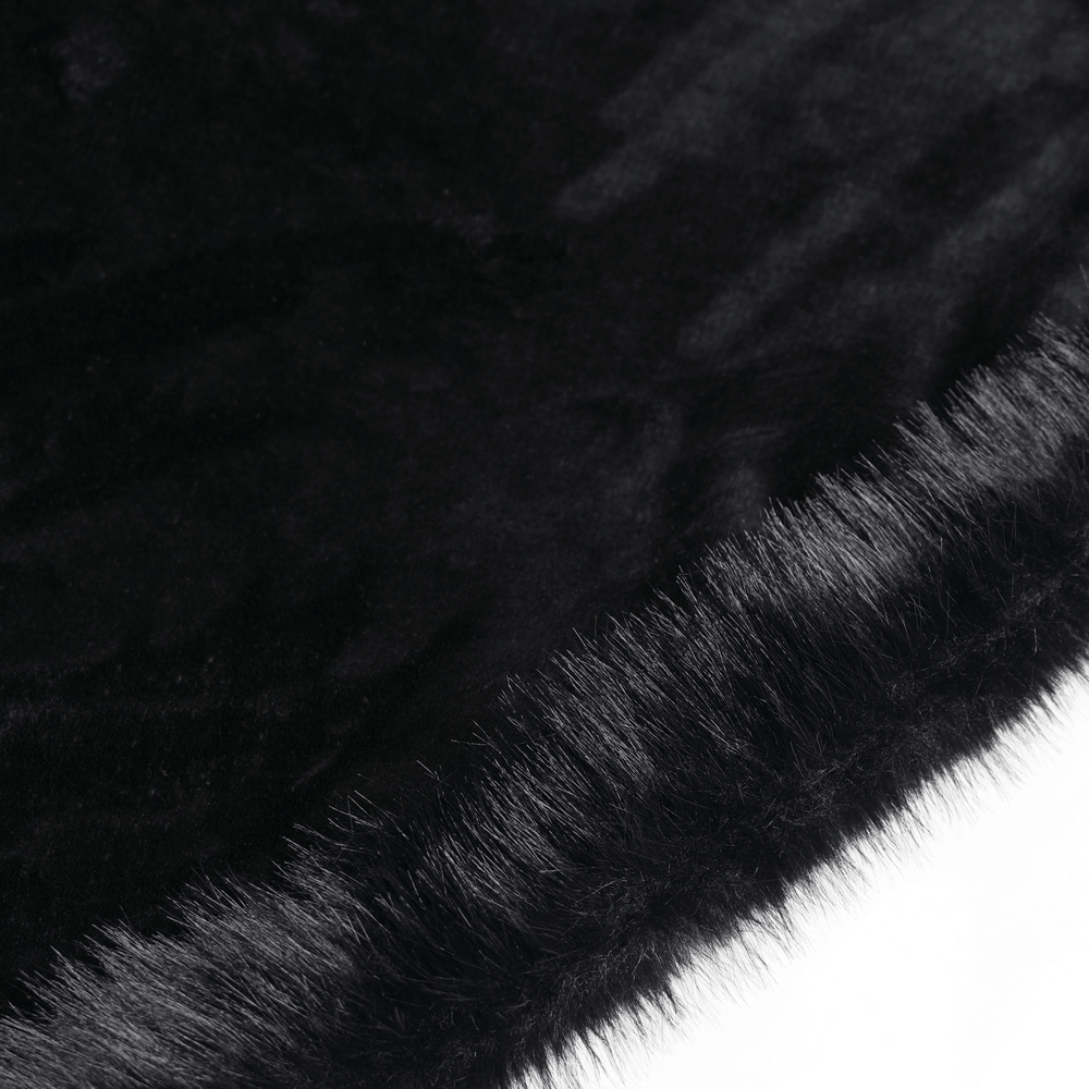 Female Black Gothic Victorian Velvet Cape with Fur Trim, close-up of luxe black velvet and rabbit-fur edging