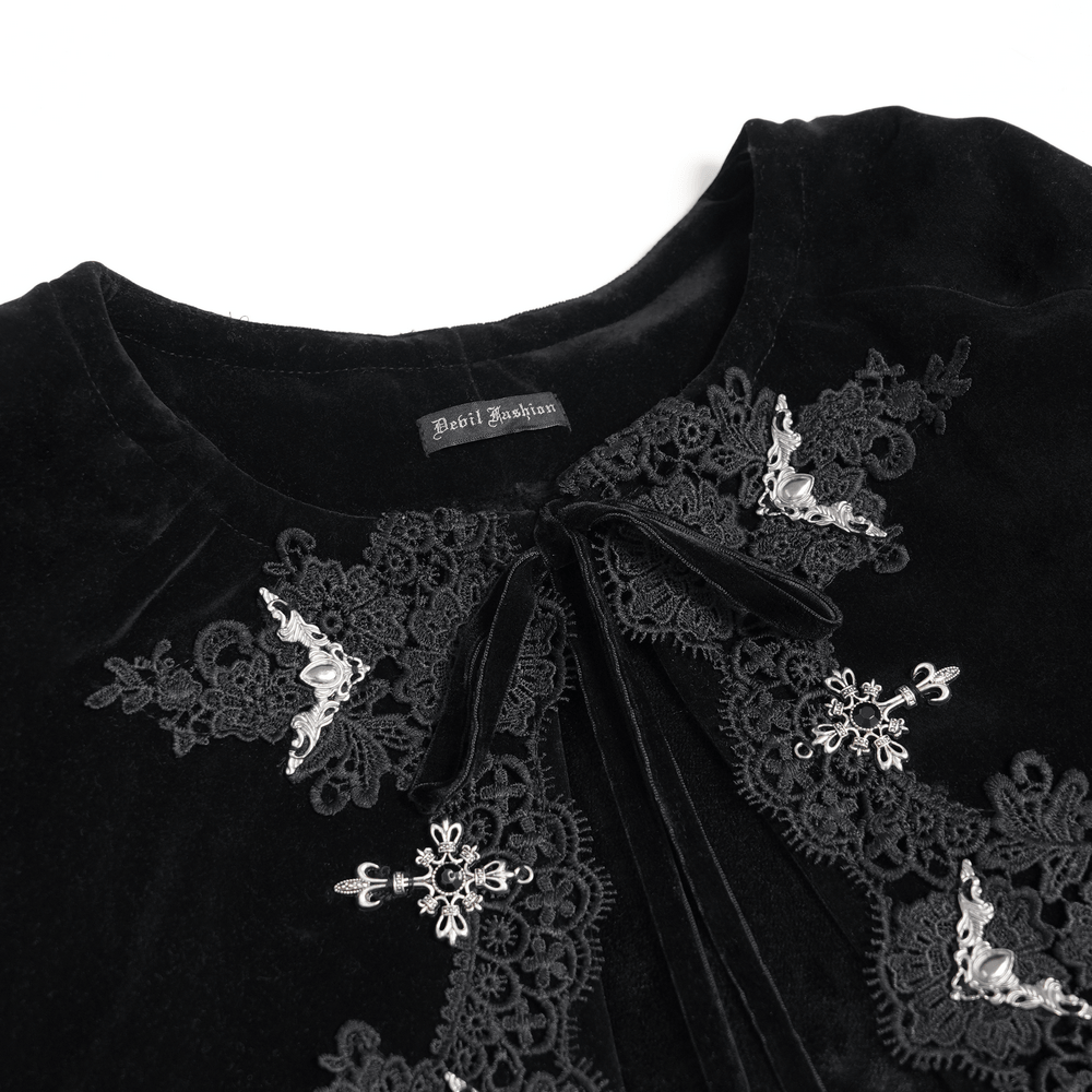 Female Black Gothic Victorian Velvet Cape with Fur Trim, lace collar, silver clasps, and floral appliqués for romantic Lolita style