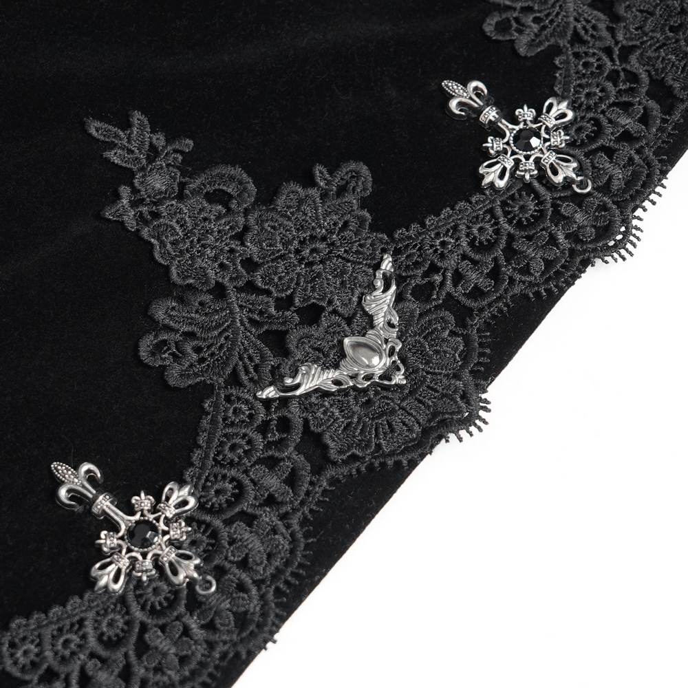 Female Black Gothic Victorian Velvet Cape with Fur Trim, lace collar and silver clasps for romantic Lolita style
